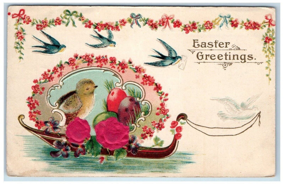 c1910's Easter Greetings Dove Pulling Boat Chick Eggs Flowers Embossed Postcard
