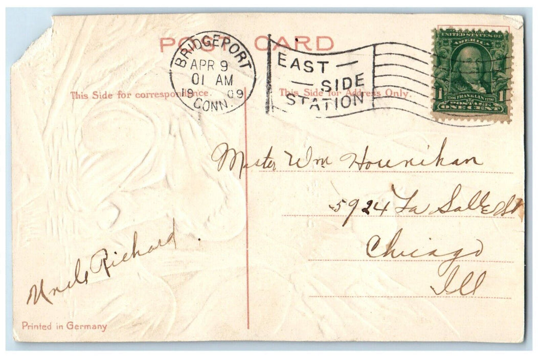 1909 Easter Greetings Girl Holly Water Lamb Embossed Bridgeport CT Postcard