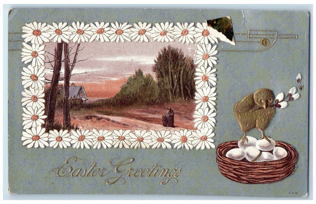 c1910's Easter Greetings Chick Egg Nest Daisy Flowers Embossed Antique Postcard
