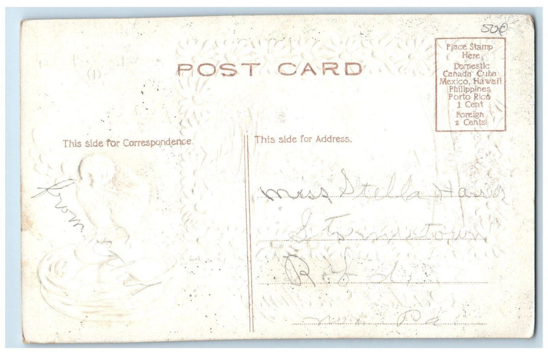 c1910's Easter Greetings Chick Egg Nest Daisy Flowers Embossed Antique Postcard