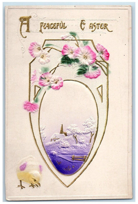 c1910's Easter Egg Chick Flowers Airbrushed Embossed Posted Antique Postcard