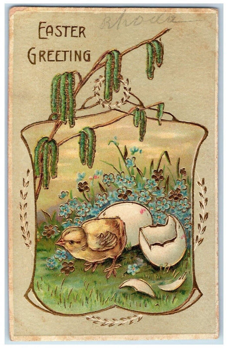 1910 Easter Greeting Hatched Egg Pansies Flowers Embossed Antique Postcard