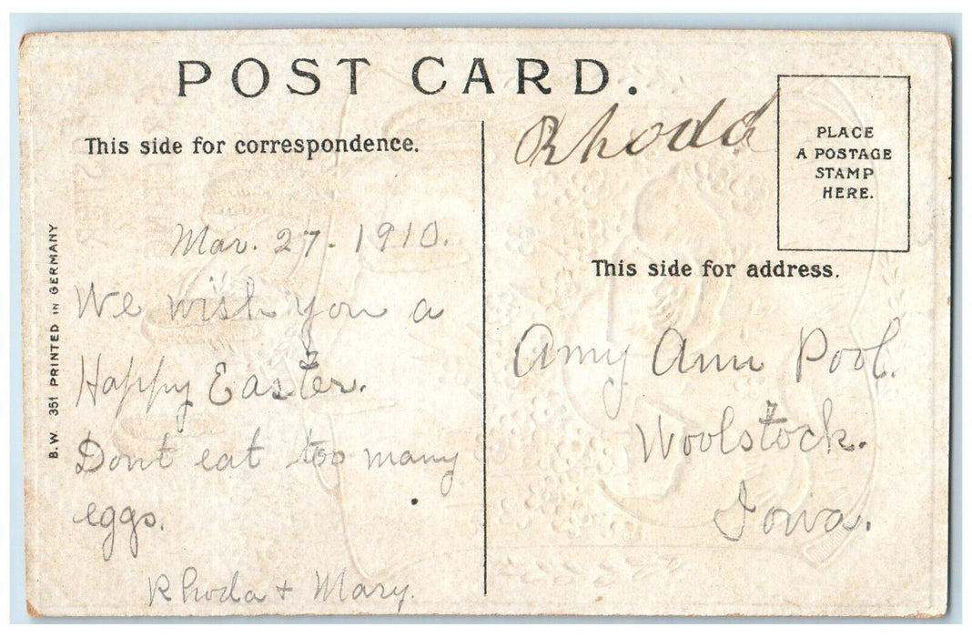 1910 Easter Greeting Hatched Egg Pansies Flowers Embossed Antique Postcard