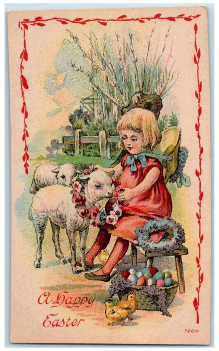 c1910's Easter Girl Lamb Flowers Chicks Egg Basket Unposted Antique Postcard