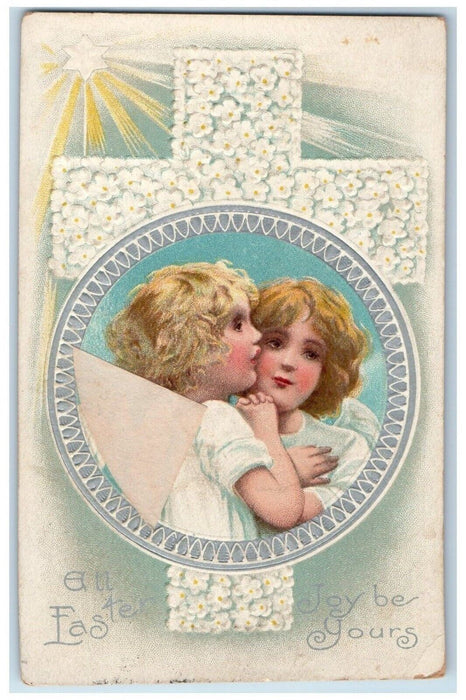 1911 Easter Girls Cross Covered Pansies Flowers Embossed Posted Antique Postcard