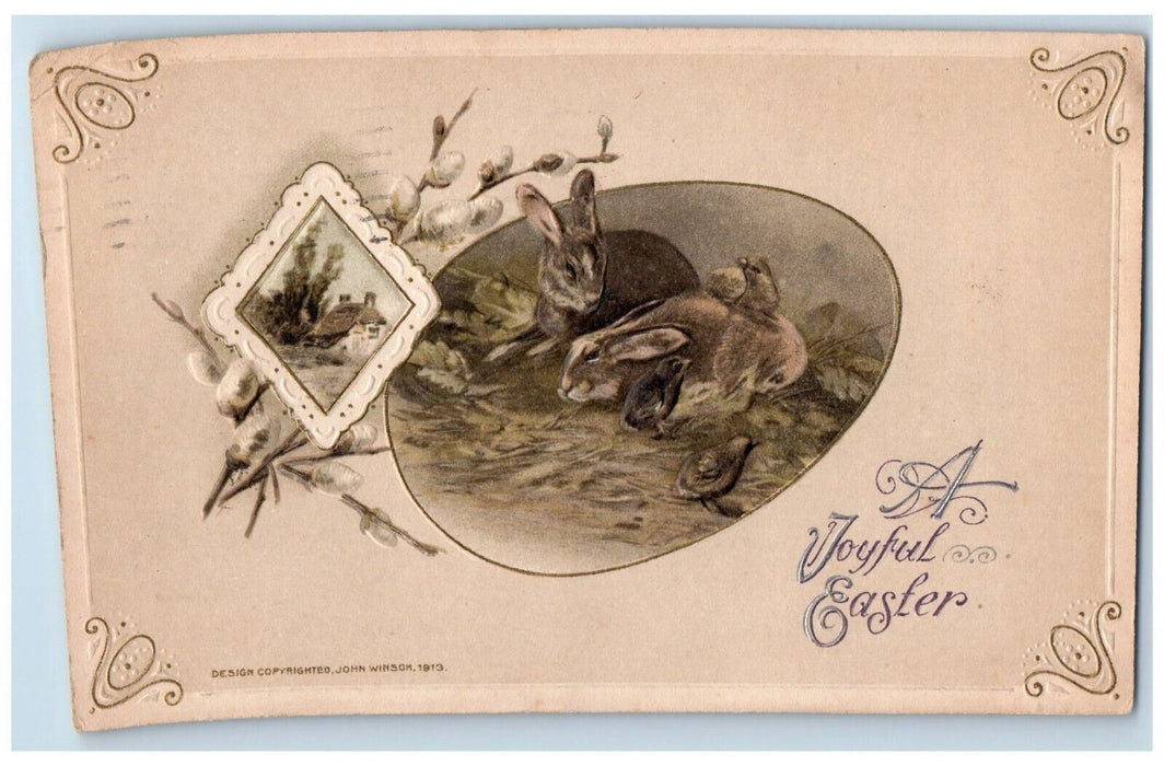 1914 Easter Bunny Rabbit Chicks John Winsch Artist Signed Embossed Postcard