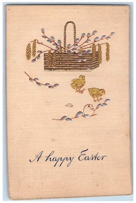 c1910's Happy Easter Chicks Basket Flowers Minimalist Embossed Antique Postcard