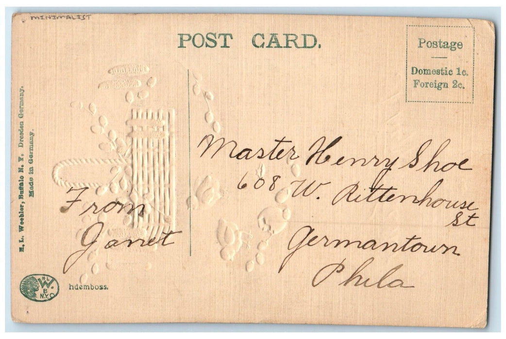 c1910's Happy Easter Chicks Basket Flowers Minimalist Embossed Antique Postcard