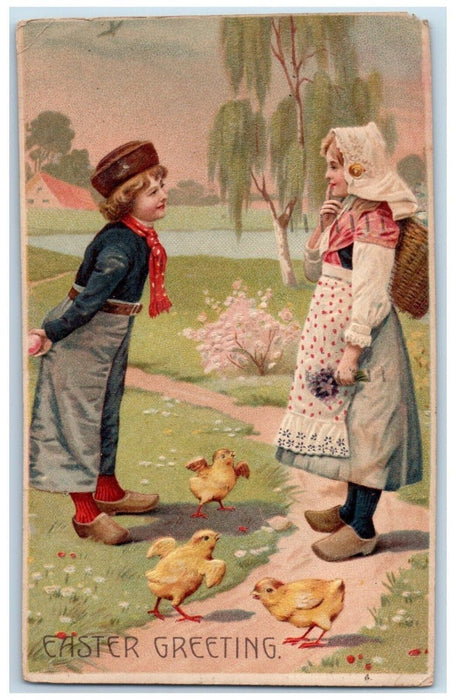 Easter Girl Boy Talking Chicks Pansies Flowers Embossed Vineland NJ Postcard