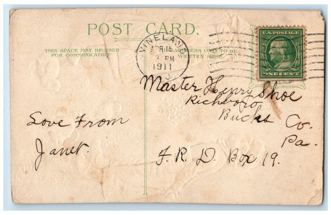 Easter Girl Boy Talking Chicks Pansies Flowers Embossed Vineland NJ Postcard