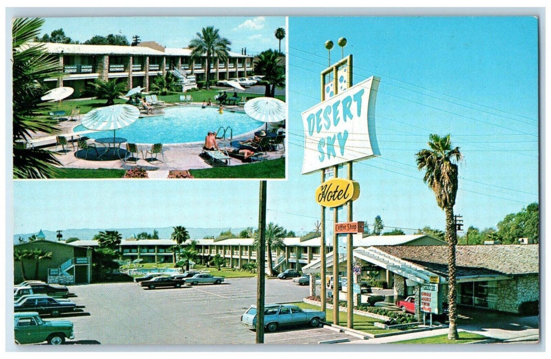 c1960 Desert Sky Hotel Van Buren Multiview Pool Parking Phoenix Arizona Postcard