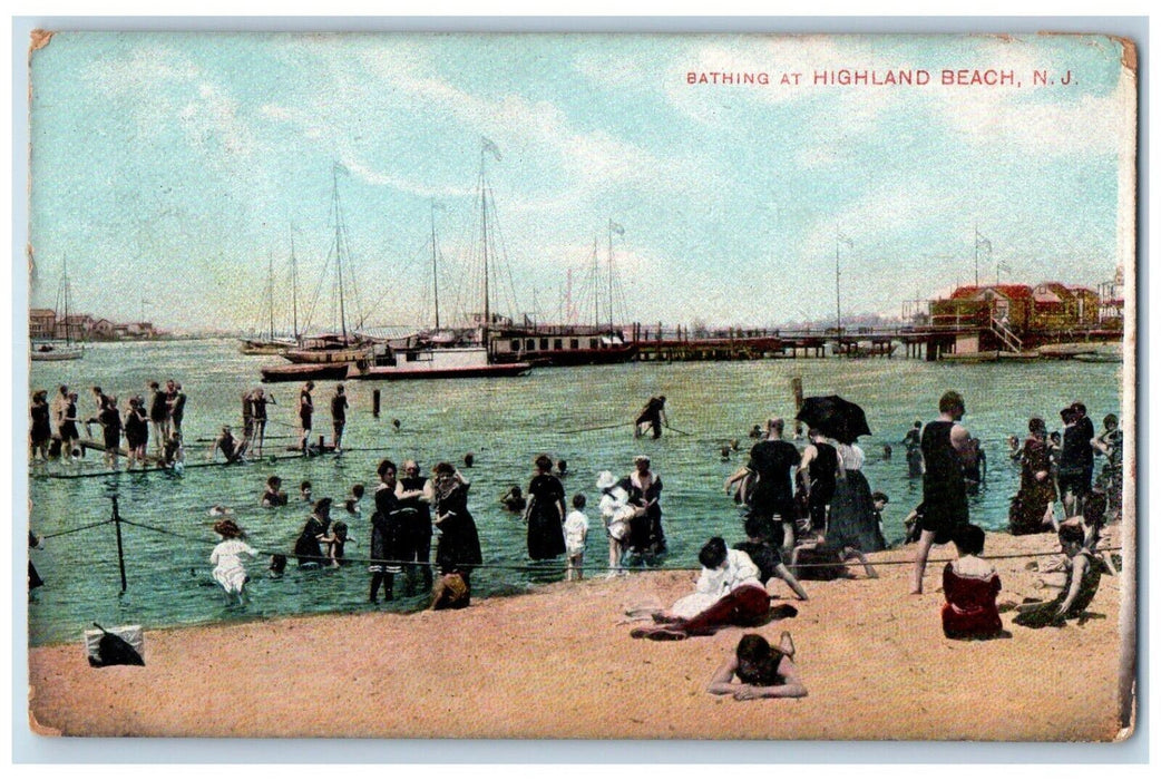 1912 Bathing Highland Beach Sailboat Shipyard Bridge New Jersey Vintage Postcard