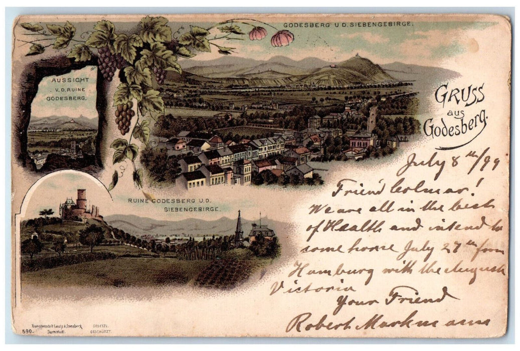 c1905 View V.D. Ruin and Seven Hills Gruss Aus Godesberg Germany Postcard