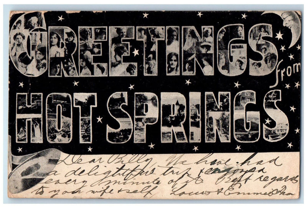 1907 Crescent Moon Large Letter Faces Stars Greetings Hot Springs VA Postcard