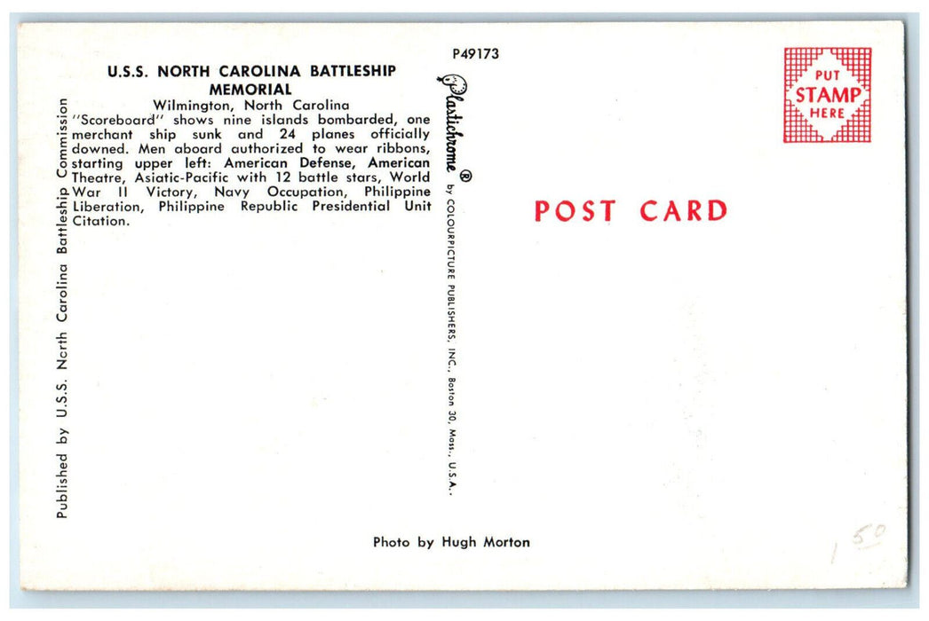 c1960's U.S.S. North Carolina Battleship Memorial Wilmington NC Postcard