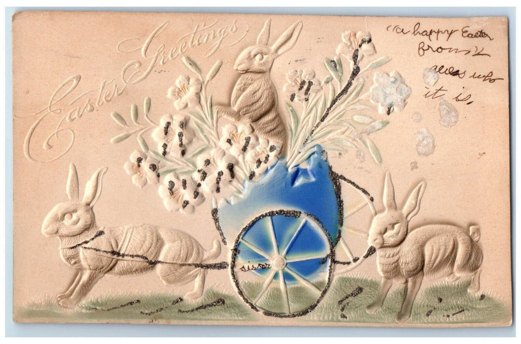 Easter Greetings Rabbit Pulling Cart Egg Hatched Lily Flowers Embossed Postcard