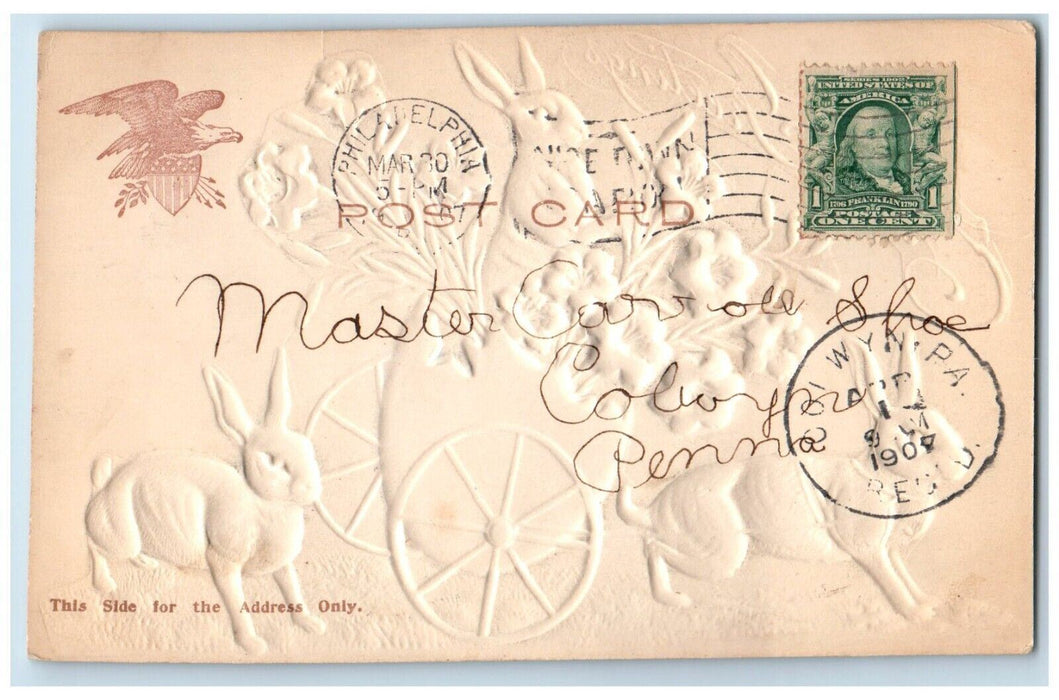 Easter Greetings Rabbit Pulling Cart Egg Hatched Lily Flowers Embossed Postcard