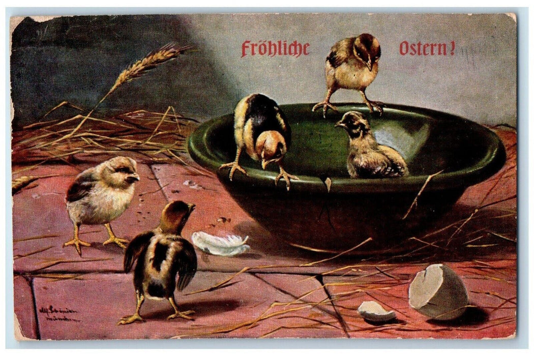 1908 Easter Hatched Eggs Feather Wheat Posted Antique Postcard