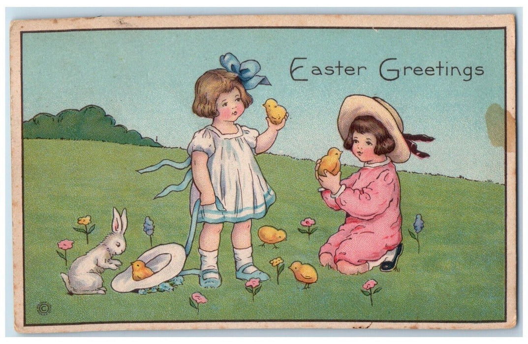 1921 Easter Greetings Girls Bunny Rabbit Chicks Oswego New Year NY Postcard