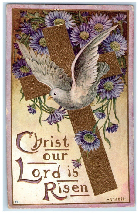 1911 Easter Gold Cross Dove Pansies Flowers Embossed Posted Antique Postcard