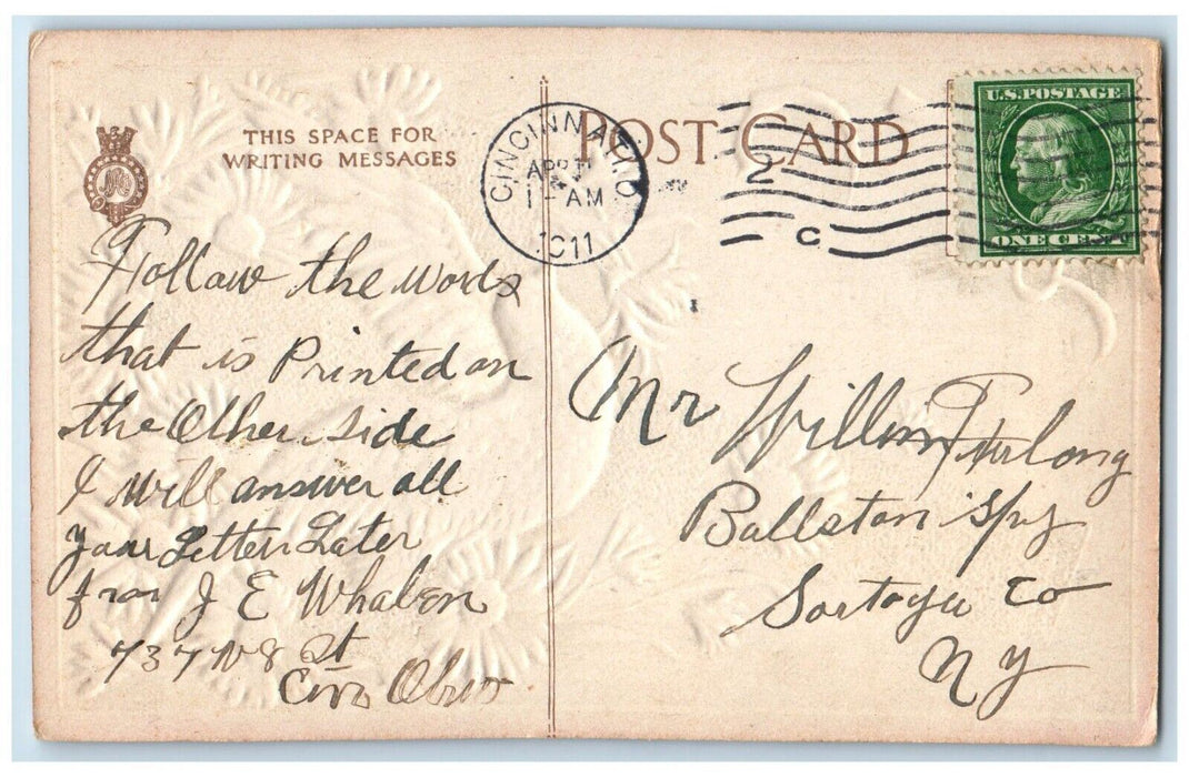 1911 Easter Gold Cross Dove Pansies Flowers Embossed Posted Antique Postcard