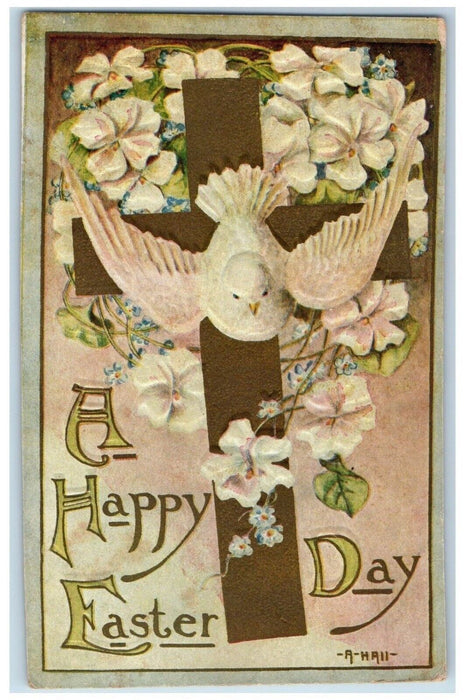 c1910's Easter Gold Cross Dove White Flowers Embossed Posted Antique Postcard