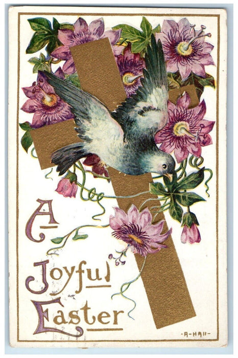 1921 Easter Gold Cross Dove Pink Flowers Embossed Winsch Back Antique Postcard