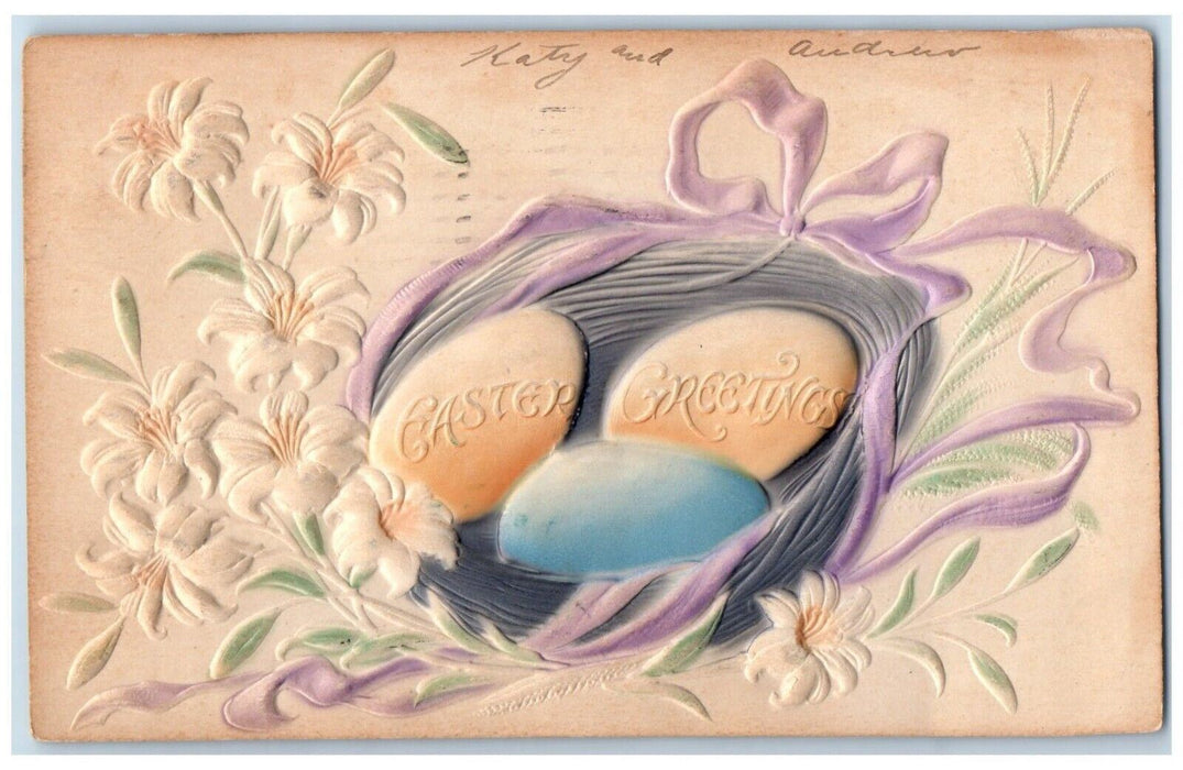 1907 Easter Greetings Eggs Nest Lily Flowers Embossed Antique Posted Postcard