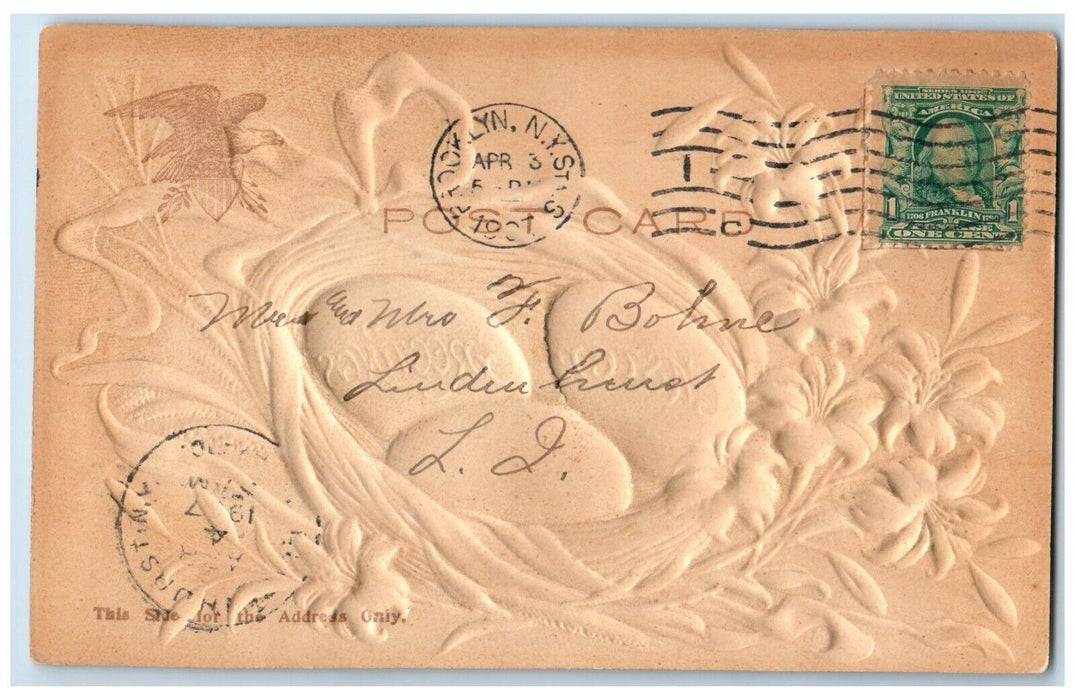 1907 Easter Greetings Eggs Nest Lily Flowers Embossed Antique Posted Postcard