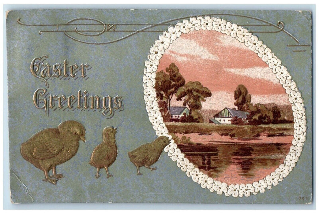 1911 Easter Greetings Chicks Egg Pansies Flowers Houses River Embossed Postcard