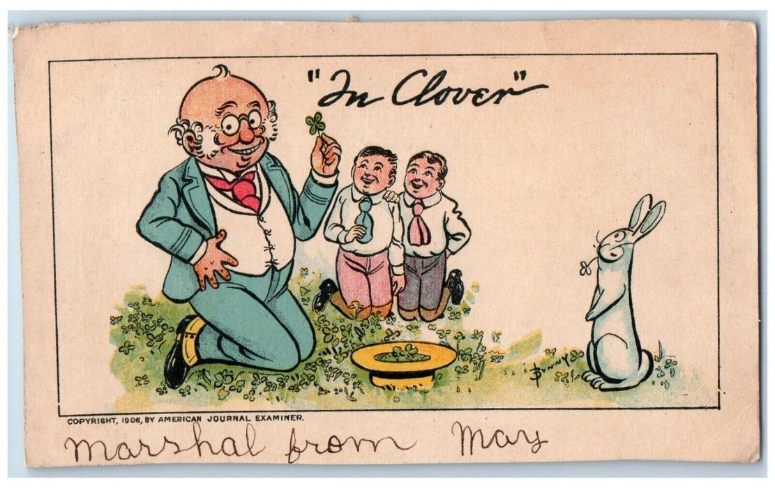 c1905 Easter Old Man Bended Knee Hat Clover Bunny Rabbit Posted Antique Postcard