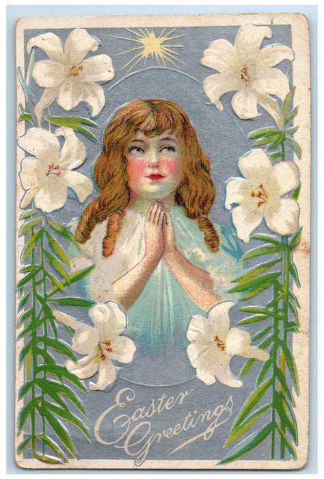 1911 Easter Greetings Holly Angel Lily Flowers Embossed Bridgeton NJ Postcard