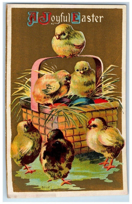 c1910's Joyful Easter Chicks Eggs Basket Embossed Winsch Back Antique Postcard