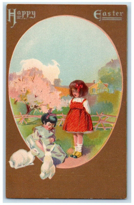 c1905 Happy Easter Egg Bunny Rabbit Girls Rotograph Unposted Antique Postcard