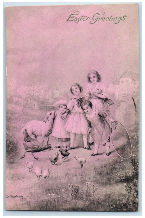 Easter Greetings Girls Playing Lamb Hula Hoop Chicks Winsch Back Postcard