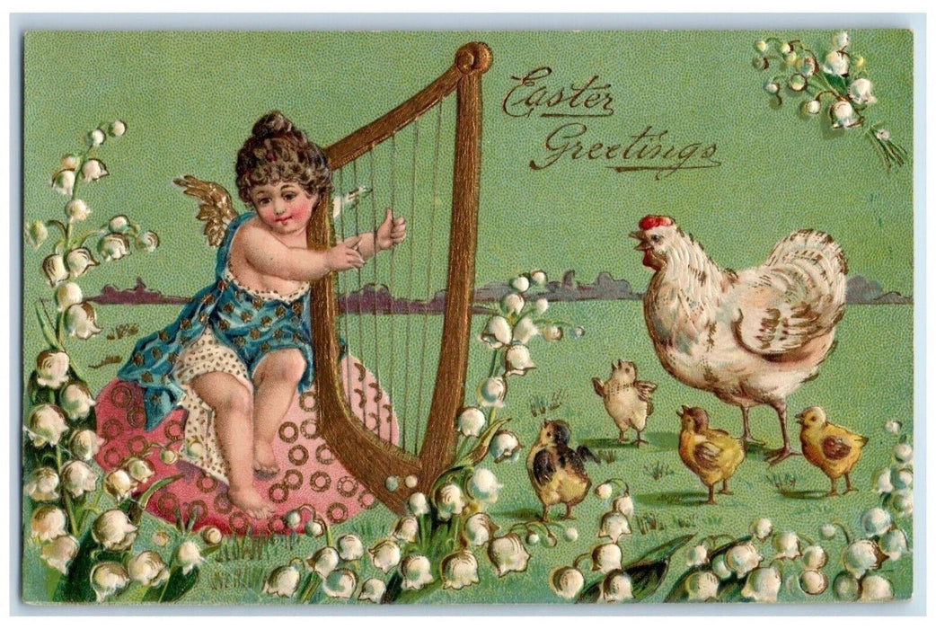 c1910's Easter Greetings Angel Playing Harp Egg Chicken Hen Chicks Postcard