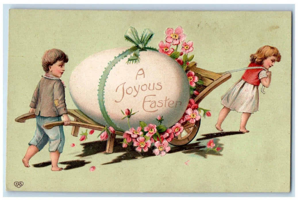 c1910's Easter Girl Pulling Cart Giant Egg Pansies Flowers Embossed Postcard