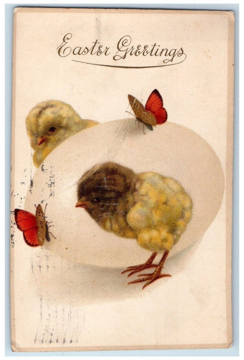 1912 Easter Greetings Egg Chicks Butterfly Philadelphia PA Antique Postcard
