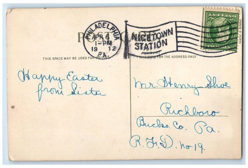1912 Easter Greetings Egg Chicks Butterfly Philadelphia PA Antique Postcard