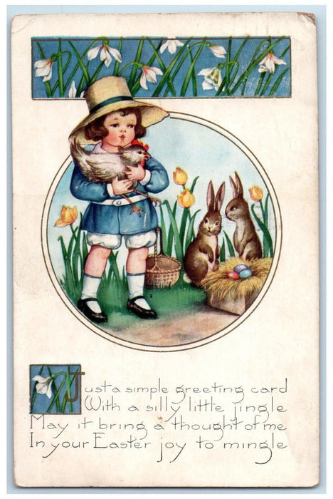 1922 Easter Greetings Little Girl Chicken Hen Eggs Bunny Rabbit Vintage Postcard