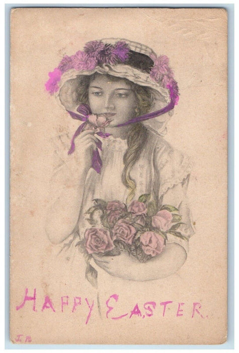 1913 Easter Pretty Girl Flowers Hat Roses Philadelphia PA Antique Postcard