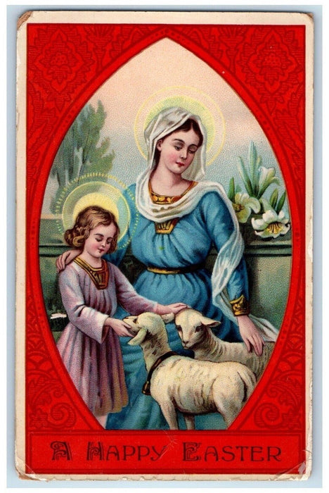 1914 Easter Holly Lamb Religious White Lily Flowers Posted Antique Postcard
