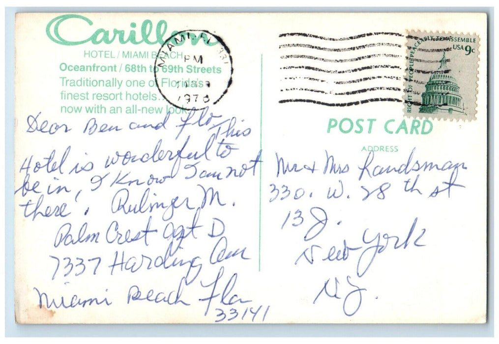 1978 Carillon Hotel Miami Beach Oceanfront Streets Resort Hotel Florida Postcard