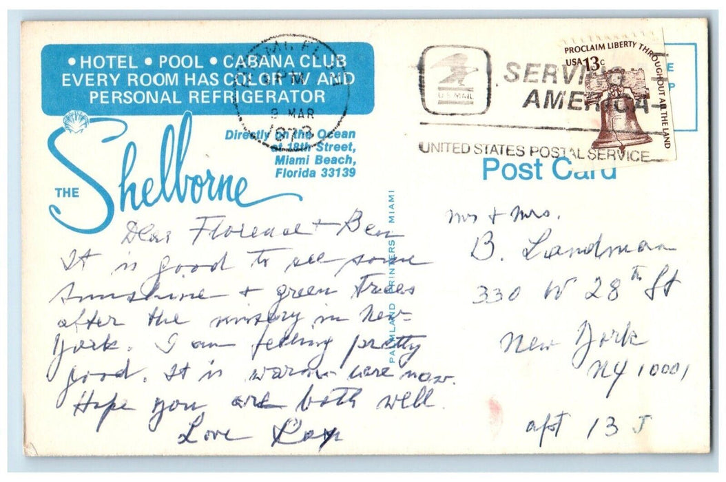 1973 Shelborne Hotel Pool Cabana Club Ocean Street Miami Beach Florida Postcard