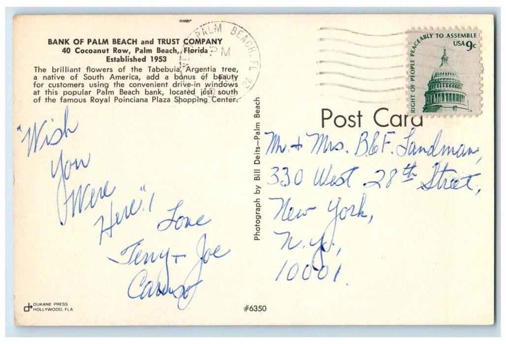 1976 Bank Palm Beach Trust Company Tree Cocoanut Row Palm Beach Florida Postcard