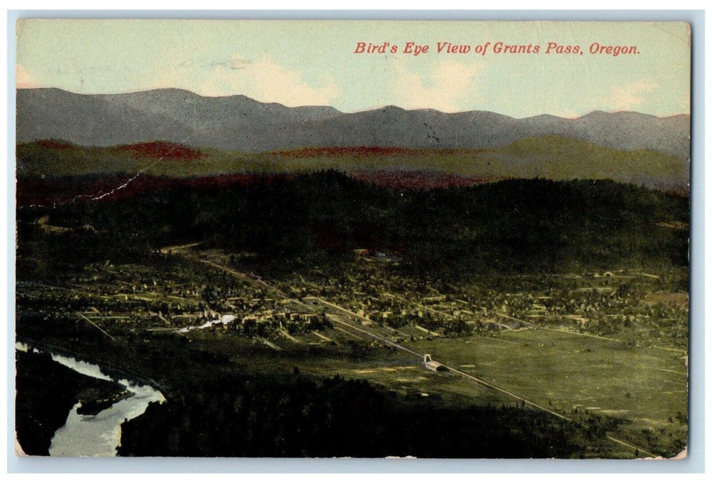1930 Bird's Eye Aerial View Mountain Grants Pass Oregon Vintage Antique Postcard