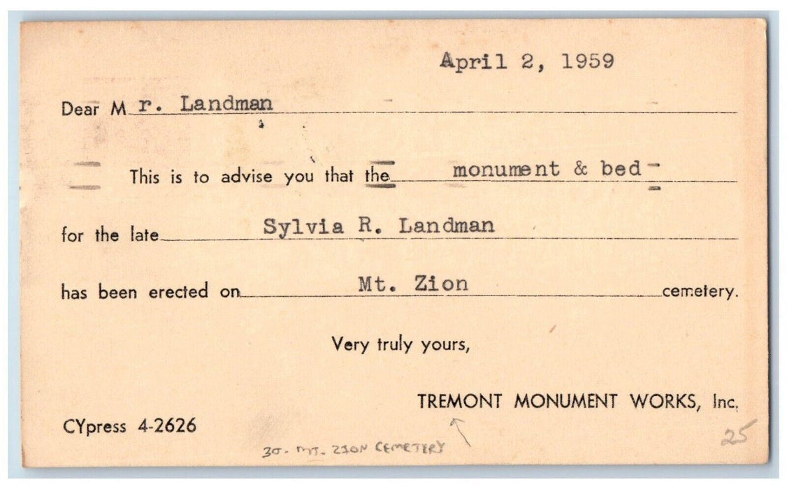 1959 Tremont Monument Works Bronx NY Mt. Zion Cemetery Plot Advertising Postcard