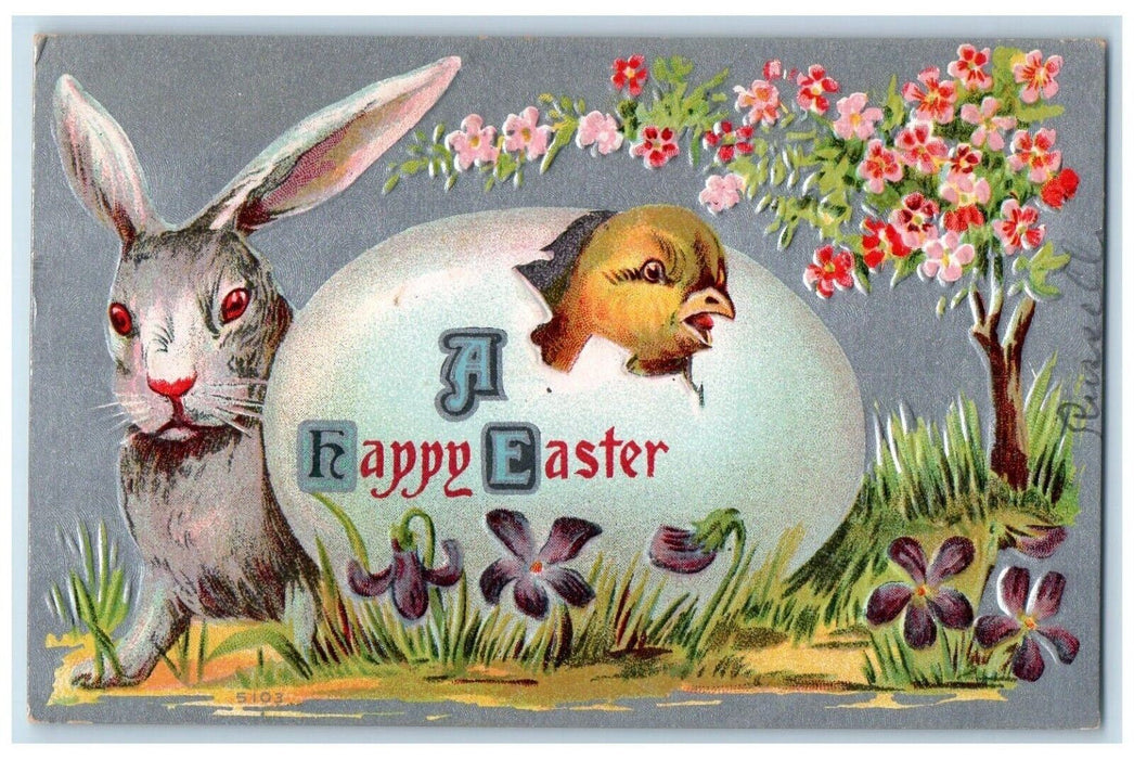 c1910's Easter Hatched Egg Rabbit Pansies Flowers Embossed Antique Postcard