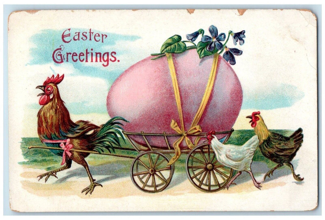 c1910's Easter Greetings Rooster Hen Pulling Cart Giant Egg Pansies Postcard