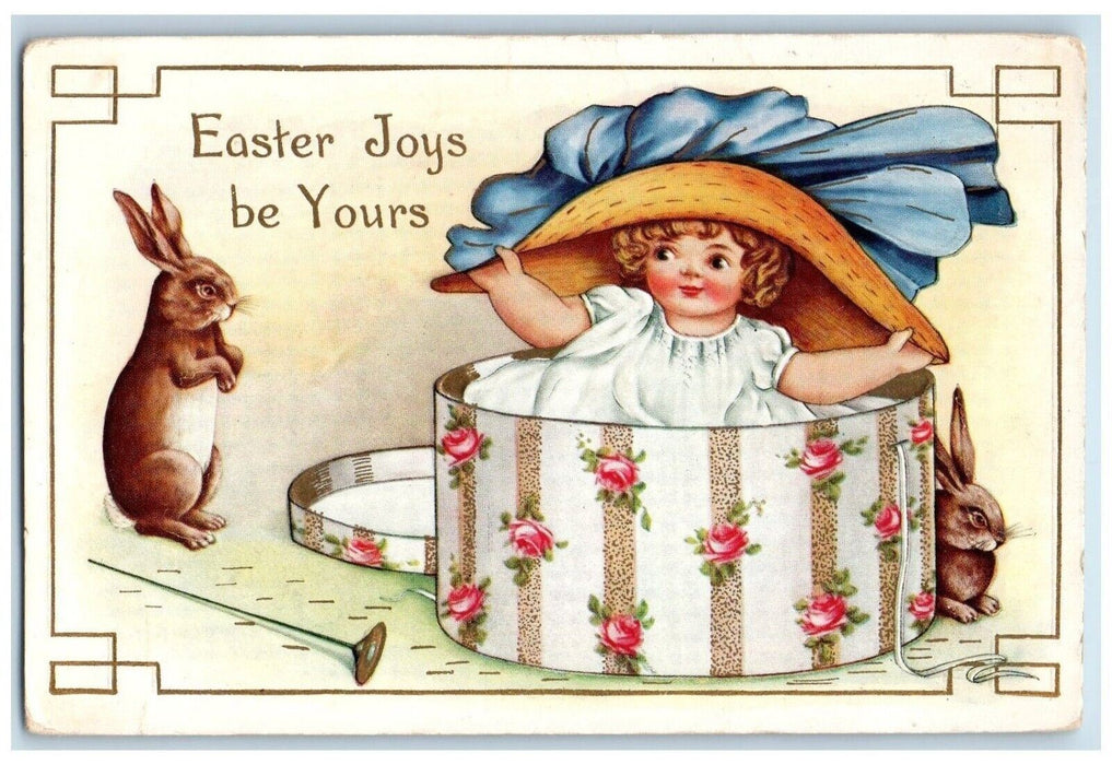 c1910's Easter Little Girl Big Hat Box Bunny Rabbit Embossed Antique Postcard